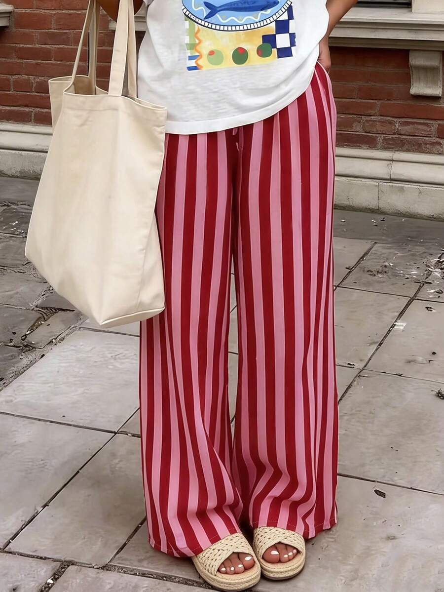 Autumn Holiday , Autumn/Winter Series, Street Style, Versatile, Retro Autumn , Lightweight Pants, Standalone Pants, Holiday , Bohemian Style, Contrast Striped Pattern, Pink Casual Wear, Pocket Drawstring Design, Comfortable Casual, Elegant Romantic, Urban Chic Women's Casual Pants - Pink - View 1
