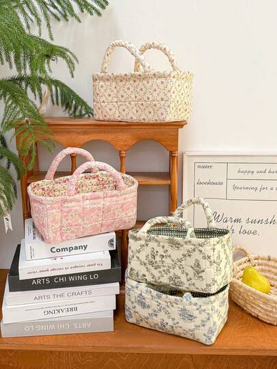 1 Pc Sweet Floral Print Quilted Storage Basket Laundry Basket Large Capacity Portable Toiletry Bag Foldable Snack Basket, Storage Basket With Handle Toy Storage Basket Skin Care Product Storage Basket Multi-Functional Storage Basket Makeup Storage Box Suitable For Home Living Room Bedroom Bathroom Outdoor Picnic Travel