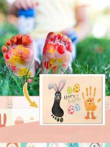 Set de 3 piezas - Primeras huellas de bebé DIY Tarjetas de hitos de madera para Pascua, recuerdo de Pascua, decoradas con patrones de conejito y pollito, letrero de Feliz Pascua, adecuado para decoración de guardería, accesorios para baby shower y fotografía de recién nacidos, se puede usar como relleno de canasta. - Multicolor - Ver 7