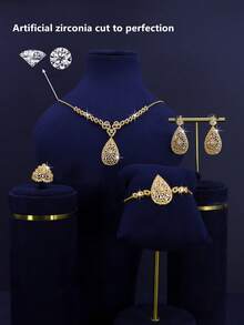 5pcs 18K Gold Plated Luxury Royal Style Geometric Design Bridal Wedding Jewelry Set, Suitable For Daily Wedding Wear, Wedding Anniversary Gift - Geometric Bridal Set - View 4