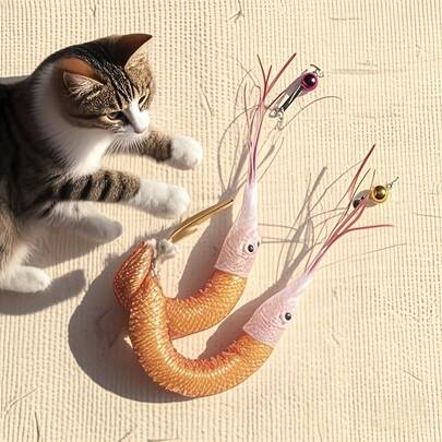 1个虾形猫咪洁齿磨牙玩具 - 这款塑料材质的吱吱作响的玩具是宠物娱乐的理想之选。它配有随机颜色的铃铛、怡人的香味、可替换的逗猫头，适合所有品种和体型的猫咪，无需电池，并饰有色彩鲜艳的人造羽毛，是一款经久耐用的玩具。