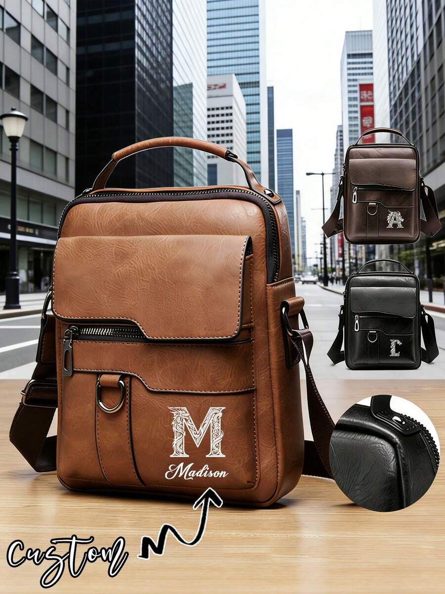 Bolsa de Ombro Personalizada para Homens, Bolsa, Bolsa Retrô Masculina, Pasta/Bolsa Mensageiro, Impressão de Letras, Grande Capacidade, Alça Ajustável, Bolsa Casual, Adequada para Negócios, Viagem, Compras e Fitness. Um Presente Perfeito para o Dia dos Namorados/Aniversário para Marido ou Namorado. - Multicolorido - Visão 1