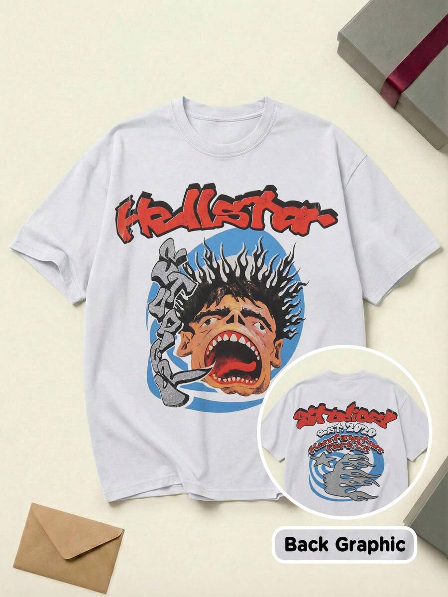 Hell Star Studios Screaming Kid Tee Cotton Unisex Couple Matching Boyfriend Style Studios Est 2020 Text Double Sided Print Graffiti Font Y2K Grunge Streetwear Summer Outfits Graphic Tees Men Oversized T Shirt - 白色 - 查看 1