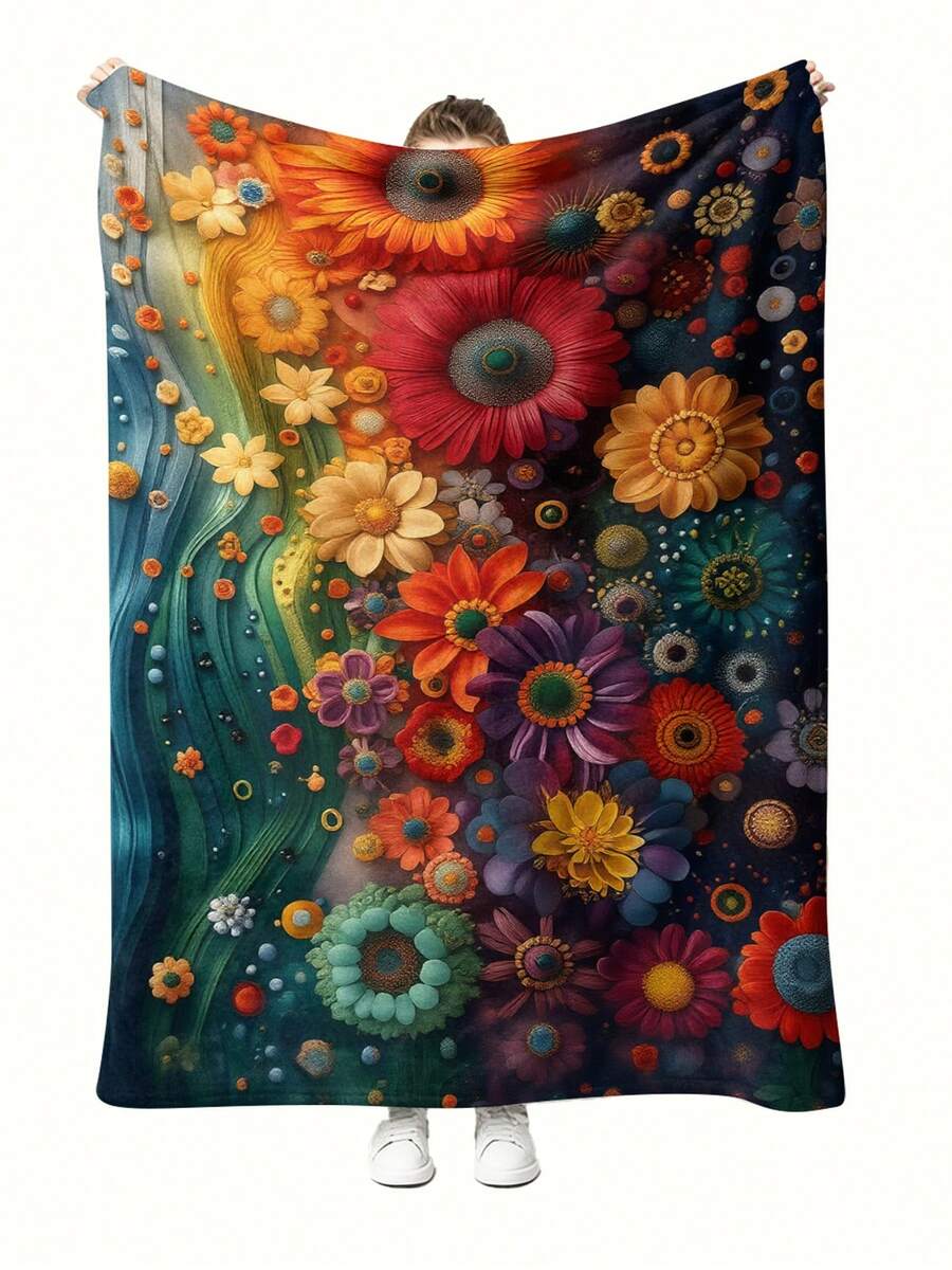 1pc Vibrant Multicolored Flower Arrangement Pattern Printed Blanket Plush Flannel Covering For Conservatory Benches Or Plant Displays - White - View 1