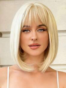 باروكة بوب ذهبية أنيقة مقاس 12 بوصة مقاومة للحرارة كثيفة الكثافة مع غرة، مناسبة للارتداء اليومي والحفلات