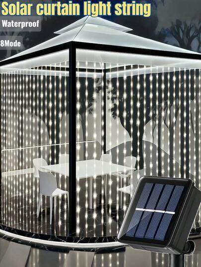 100/200/300 LED Solar Powered Outdoor Garden Curtain Lights - 8 Modes, IP65 Waterproof, Suitable For Gazebo, Patio, Home Party, Wedding, Wall Christmas Decor (White/Warm White/Multi-Color)