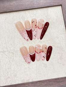 Crispy And Sweet Cherries At Your Fingertips! Y2K Style 10pcs Handmade Nails Oval Long Pointed Nails Pink And Red Color-Block French Manicure With Hand-Painted Cherries, Red Polka Dots, White Small Pearls, 3D Pink Bow Decoration. Cute And Playful, Suitable For Dates, Gatherings With Friends, Outings, And Vacation Wear. Brightening And High-End Feel, Reusable Handcrafted Press-On Nail Set With Jelly Glue And A Mini Nail File. Nail Supplies Handmade Press On Nails - Pink - View 3