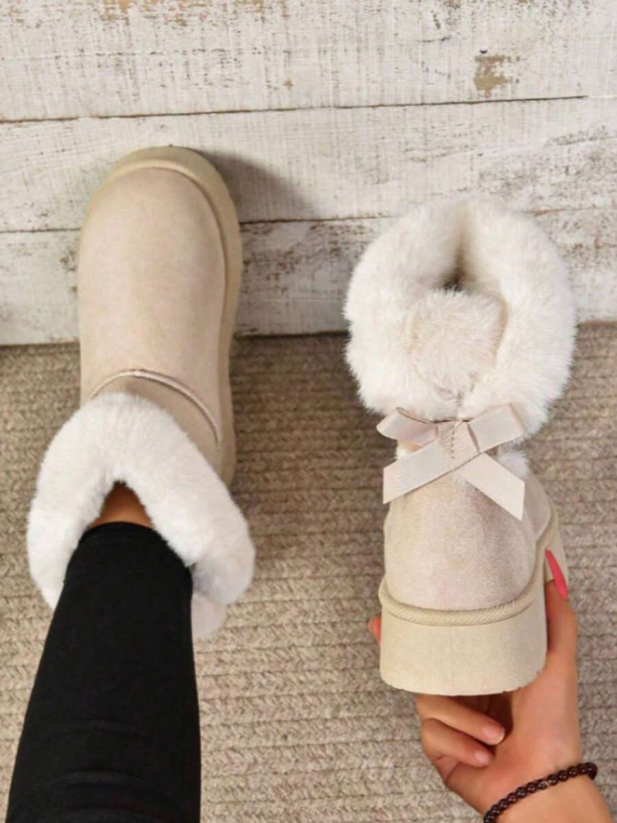 Women's Classic Flat Thick Bottom Plush Warm Cute Slip-On Mid-Calf Snow Boots, Solid Color - Màu be - Xem 1