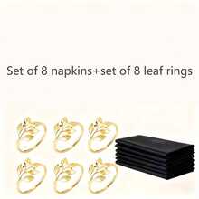 16个金箔餐巾环和8条白色布餐巾套装，17英寸 x 17英寸布艺餐巾和餐巾环，适用于婚礼、生日派对、家庭聚会、餐桌装饰