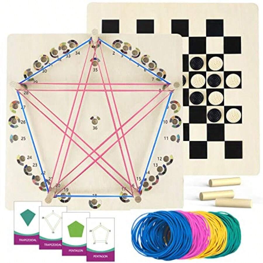 Upgraded Wooden Geoboard With Othello Board Set Dual-Purpose Creative Pattern Board With Rubber Bands And Cards Family Puzzle And Strategy Game - như hình - Xem 1