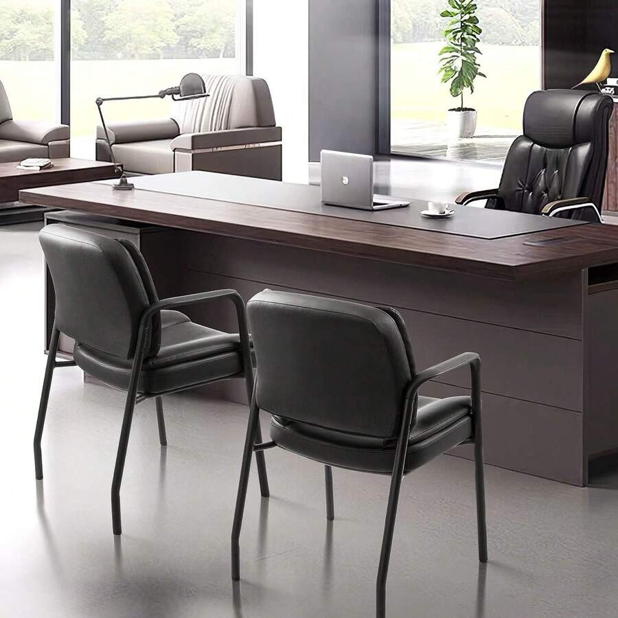 Office Guest Chair Reception Chair For Office Reception Lobby PU Leather Waiting Room Chair With Armrests Executive Office Chair Upholstered Set Of 2 - Black - View 1