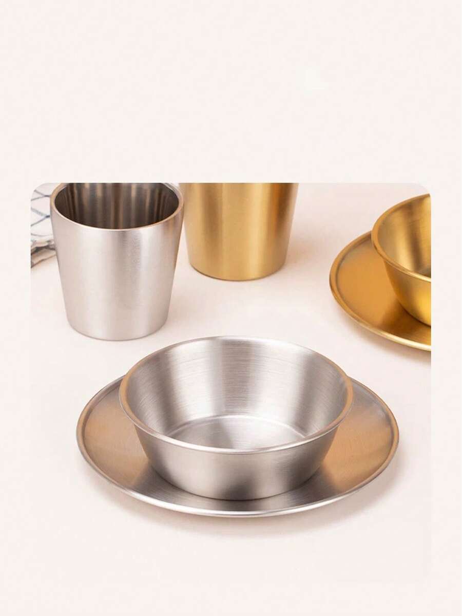 2pcs Korean Style Dining Bowl, Outdoor Eating Plate, Gold Color Small Bowl, Commercial Creative Soup Bowl, Stainless Steel Hot Pot Dipping Sauce Bowl, Bowl & Plate Set - Silver - View 1