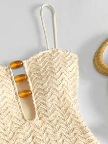 Women's Elegant Boho Spaghetti Strap One Piece Swimsuit With Beaded Cut Out Details And Textured Fabric High Stretch Bikinis - Apricot - View 5