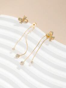 1 Pair Elegant Bow, Rhinestone Tassel Front & Back Earrings, Perfect Accessory For Daily Wear And Various Occasions - Gold - View 4