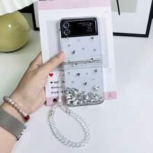 Luxury 3D Rhinestone Transparent Folding Phone Case With Chain, Suitable For Samsung Galaxy Z Flip 3 5G/Galaxy Z Flip 4 5G/Galaxy Z Flip 5 5G/Galaxy Z Flip 6 5G/Galaxy Z Flip 7 5G, High-End Studded Folding Phone Case