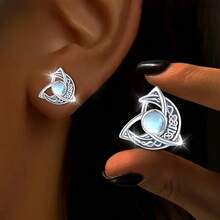 1 Pair S925 Sterling Silver Elegant Vintage Bohemian Crescent Moon Celtic Knot Moonstone Stud Earrings, Casual Fashionable Daily Wear Earrings, Birthday Gift, Sexy Earrings, Perfect For Gifting