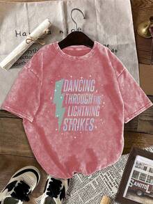 2026 Lightning Dance Pattern Printed Round Neck Short Sleeve Vintage Casual Daily Washed T-Shirt Loose Fitandcomfortable,Casualandeasy-Goin,Whitetops,Valentinesdayoutfit,Mardigras,Summertops,Clearancesaleforwomen,Valentineoutfitsforwomen,Womentops, Fairycore, , Outfitselegantdemujer,Graphicteeswomen,Graphictee,Shirts - Red - View 2