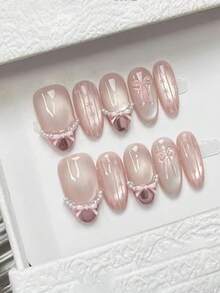 10pcs Pure Handmade Press On Nails Sweet Short Coffin-Shaped/Medium-Long Oval Blush Cat Eye Hand-Pressed Nail Patches, 3D Pink Bow Fake Nail Pearl French Nail Patches, Cute Summer Nail, Suitable For Weddings, Valentine's Day, Back-To-School Season And Daily Wear - Pink - View 1