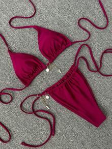 两件套女士时尚纯色沙滩装，吊带系带露脐上衣和系带比基尼泳裤套装，珍珠链装饰，优雅大方，适合情人节、日常沙滩派对、夏季度假性感泳装套装 - 酒紅色 - 查看 2