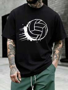 T-shirt décontracté à imprimé volley-ball, en matière de haute qualité, col rond, coupe confortable, imprimé artistique - Noir - Voir 1