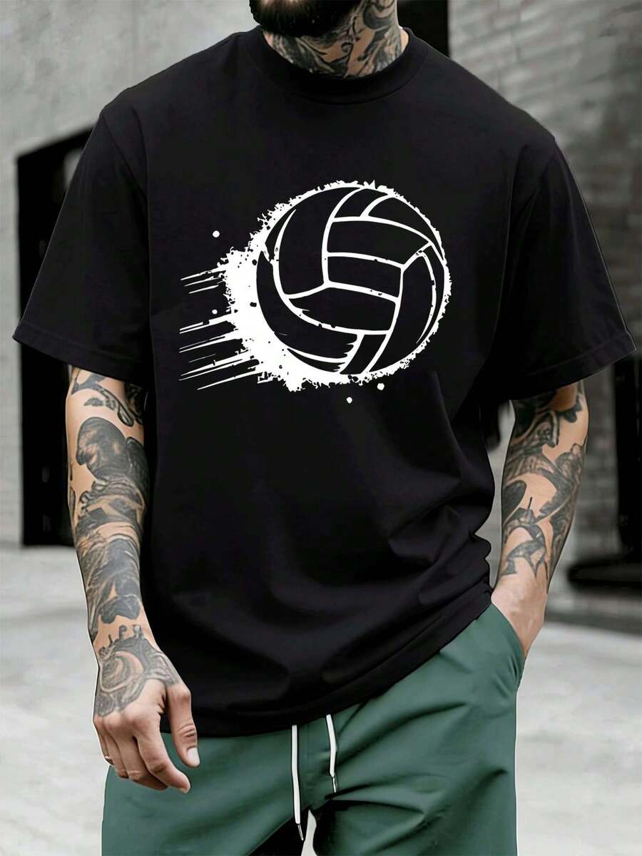 T-shirt décontracté à imprimé volley-ball, en matière de haute qualité, col rond, coupe confortable, imprimé artistique - Noir - Voir 1