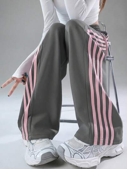 女士休闲简约条纹撞色腰带松紧腰修身运动裤，春夏款