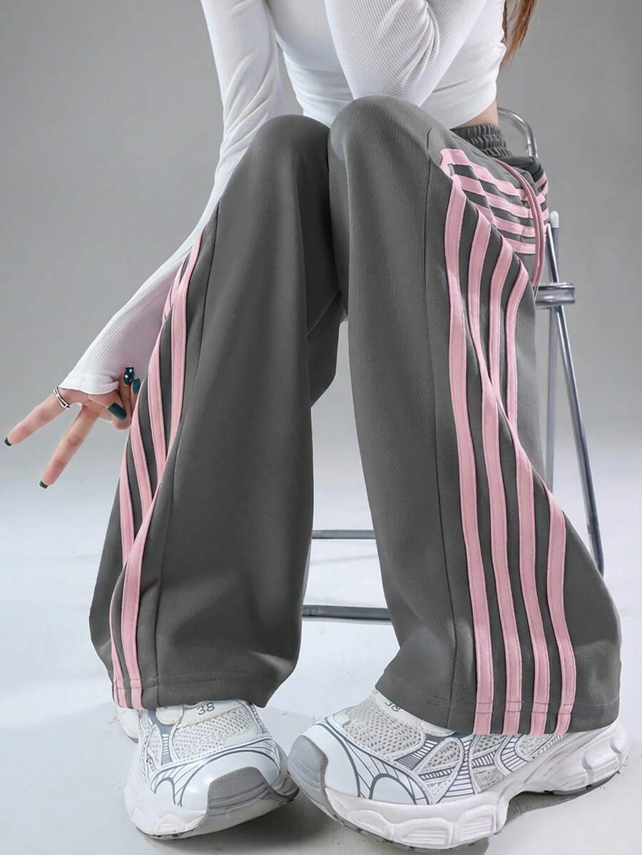 女士休闲简约条纹撞色腰带松紧腰修身运动裤，春夏款