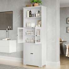 57.4 X 28.5 X 160cm Badezimmer-Hochschrank Mit Stauraum, Volllackierung, Glasschranktür, Holzschranktür, Zwei Offene Ablagefächer, Verstellbare Trennwände, Einfache Textur, White - White - View 4