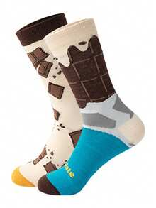 男士中筒袜一双，不对称设计，创意咖啡图案，时尚透气吸湿，适合日常穿着、度假、送礼、休闲及运动场合。 - 彩色 - 查看 12