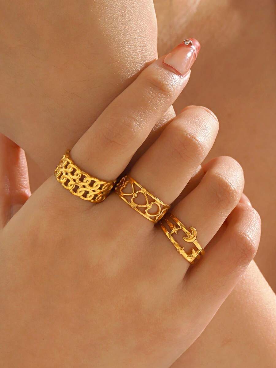 3pcs/Set Stainless Steel 18K Gold Plated Heart, Star, Moon Ring Set, Suitable For Women's Daily And Party Wear