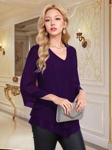 CheersLife Women's Elegant V-Neck Double-Layer Elastic Mesh Casual Flowy Work Blouse With Ruffle Trim, 3/4 Bell Sleeves And Waist Cinching Design - Violet Purple - View 5