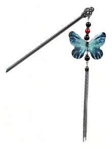 TendenciaPinza De Cabello Com Broche Mariposa Y Cadena Estilo Chino NegroCalidad premium - 1 - Ver 3