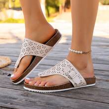 2022新款镂空花卉图案PU防滑足弓支撑女士沙滩人字拖 - 白色 - 查看 3