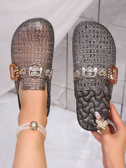 Sandalias de cristal de gelatina para mujer, sandalias planas de moda casual con hebilla de metal pequeña y sencilla, de fácil deslizamiento, cómodas para uso diario, trabajo y fiesta