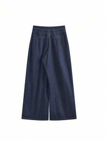 Contrast Stitch Fold Pleated Wide Leg Jeans, Commuting - Dark Blue - View 3