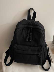 Ba lô mini, ba lô nhỏ bằng vải nhung kẻ màu trơn, thích hợp cho dã ngoại, du lịch, mua sắm, kỳ nghỉ, túi nhỏ đa năng. - màu đen - Xem 5