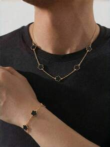 2件套男士时尚商务风幸运四叶草吊坠项链手链套装，情人节礼物 - 彩色 - 查看 6