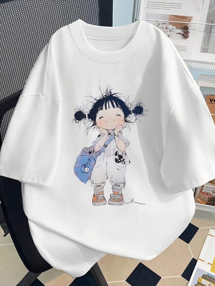 Y2K休闲宽松短袖女式T恤，女孩背背包印花甜美风格圆领T恤 - 白色 - 查看 1