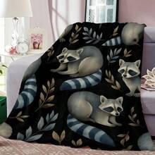 1pc Raccoons And Leaves On Black Background Pattern Printed Blanket Plush Flannel Blanket For Writing Desks Or Author Spaces - White - View 2