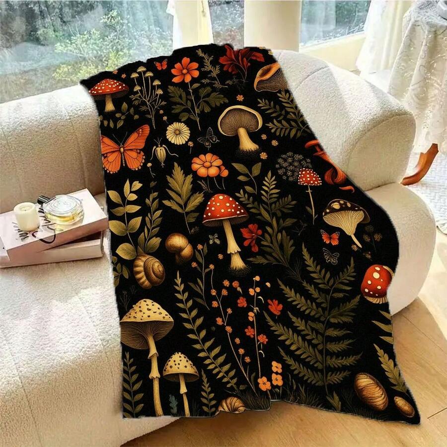 Nature-Themed Mushroom & Flower Print Blanket, Whimsical Forest Ecosystem Design With Butterfly/Snail/Beetle - Lightweight For Picnics, Camping, Decor, Held By Couple - Vibrant Black Background, - trắng - Xem 1