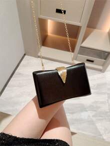 1个闪亮金属叶子扣晚宴包，几何盒形设计手拿包，适合正式派对、婚礼、浪漫新娘场合，链条肩带手提包 - 黑色 - 查看 6