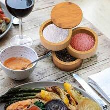 3 In 1 Bamboo Salt And Pepper Box - Divided Salt Cellar With Swivel Lid, Salt Storage Box With Magnetic Lid To Keep Dry, Kitchen Spice Cellar Container For Salt, Pepper, Seasoning, Spices - Gold - View 9