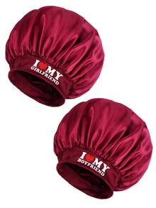 Couple's Black Wide-Brim Satin Printed Bucket Hat, Printed With "I Love My Girlfriend/Boyfriend" - Burgundy - View 20