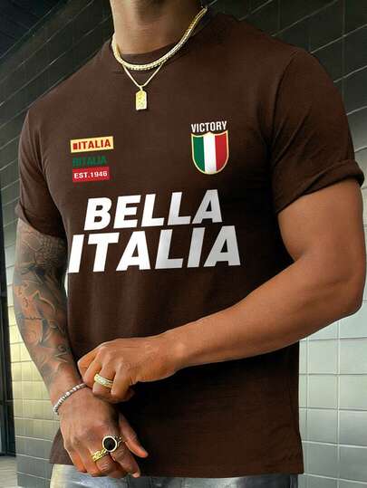 男士极简意大利文字及图案印花圆领运动短袖T恤，夏季