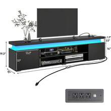 LED TV Stand For 75-95 Inch TV, Modern TV Stand With Power Outlet, TV Console Entertainment Center With Storage And LED Lights For Living Room, Bedroom, Black Carbon Fiber - 黑色碳纖維 - 查看 10
