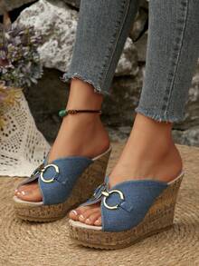 Giày sandal cao gót mùa hè mới dành cho nữ, đế platform với khóa cài trang trí, gót giày họa tiết vỏ cây, sandal nữ đa năng nhẹ nhàng. - Màu xanh lam - Xem 4