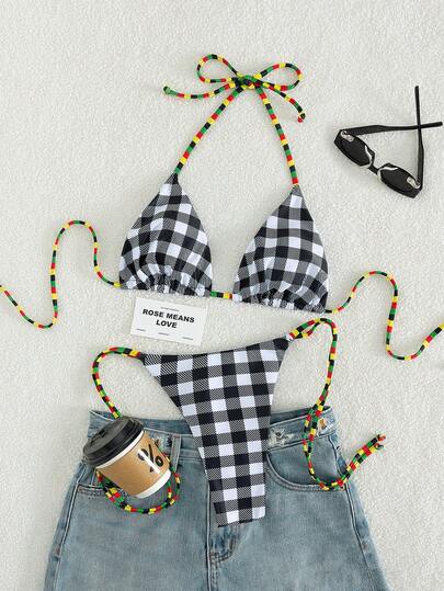 2pcs Checkered & Striped Contrast Bikini Set, Fashionable Sexy Beach Vacation Swimwear