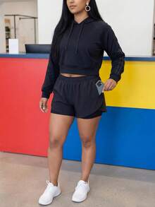 1pc Plus Size Women's Shorts, 2-In-1 Solid Color Lining 2 In 1 Sports Pants, Elastic Waist Two Pieces Set, Suitable For Running, Sports, Yoga, Fitness In Summer Black - Black - View 4