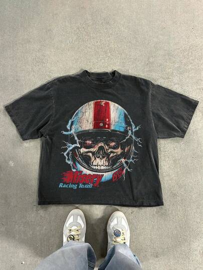 男士休闲做旧雪花印花复古T恤，春夏款