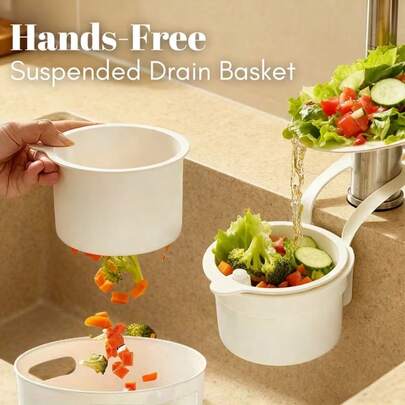 1pc Hanging Sink Basket, Sink Strainer, Hands-Free Kitchen Strainer, Self-Cleaning Faucet Mounted Drainer Basket, Automatic Food Waste Drainer Basket - Plastic Sink Storage Basket With Adjustable Hanging Device, Separate Filtration System And Button-Style Drainage Design - Suitable For Kitchen And Bathroom - Easy To Clean Drainer Basket, Modern Sink Accessory, Efficient Drainage